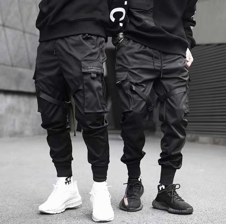 Ribbons Harem Joggers Men Cargo Pants Streetwear Hip Hop Casual Pockets Cotton Track Pants