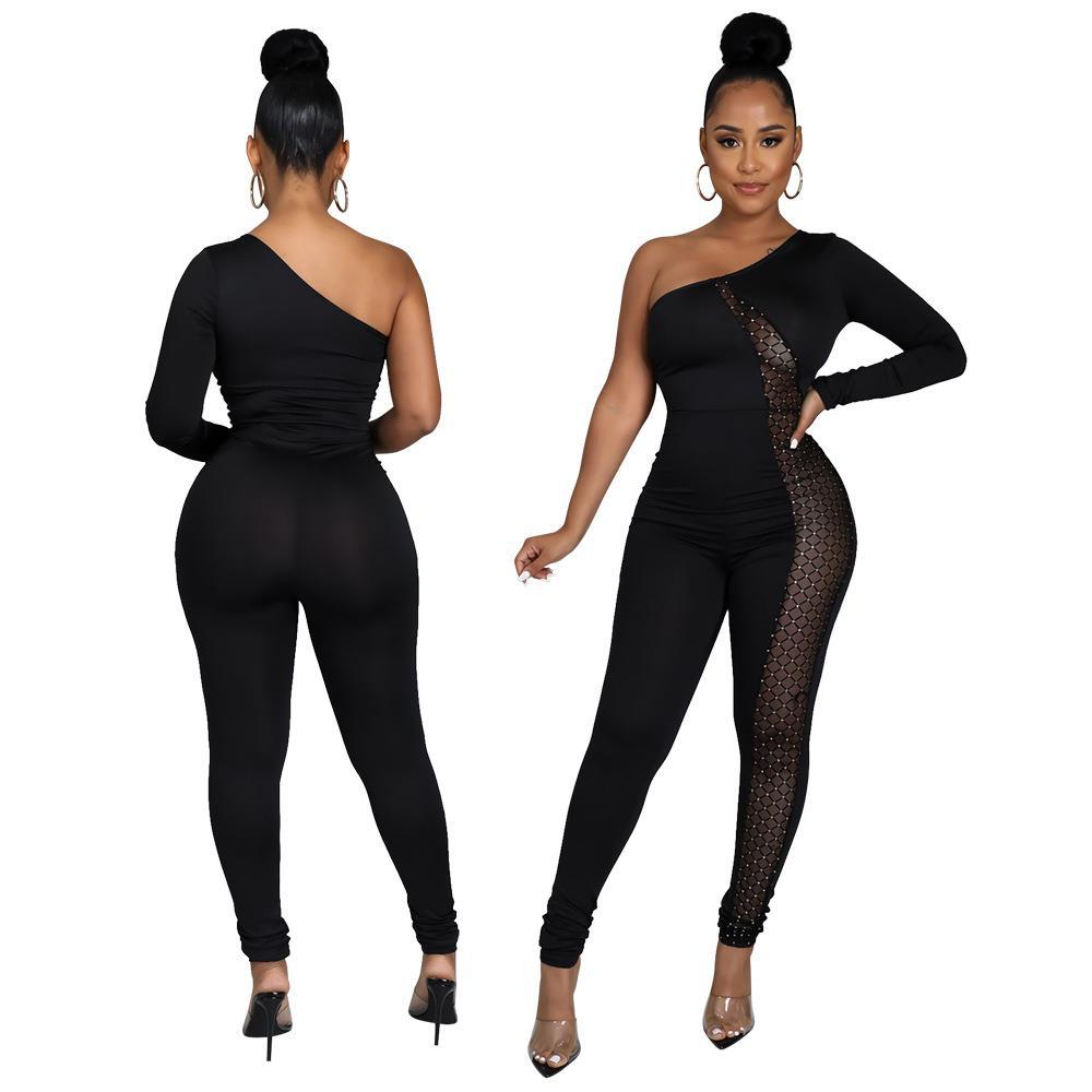 sexy oblique shoulder style missing shoulder perspective tight bag hip Jumpsuit new style