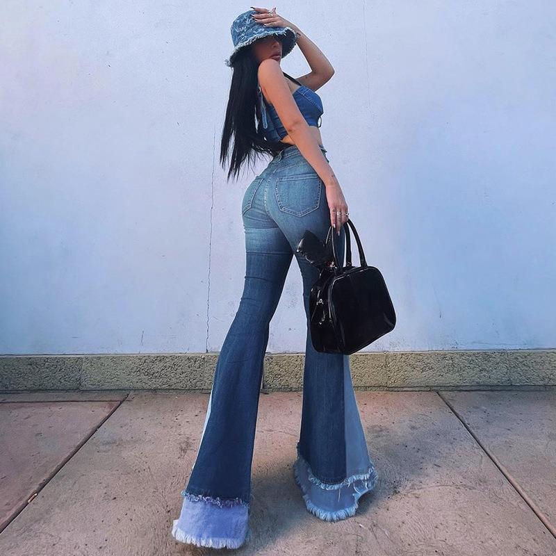 women's clothing 2021 winter new high waist slim fit Wide Leg Jeans splicing elastic bell bottoms wholesale