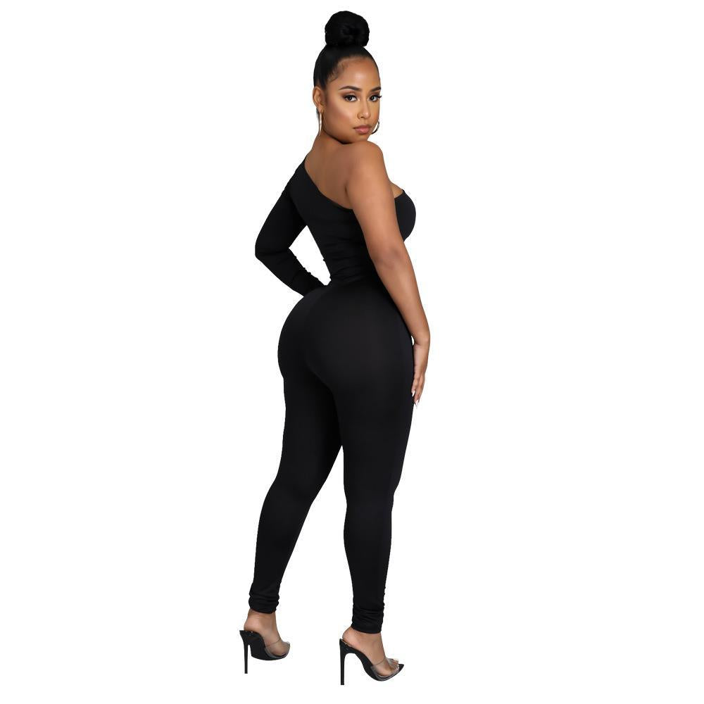 sexy oblique shoulder style missing shoulder perspective tight bag hip Jumpsuit new style