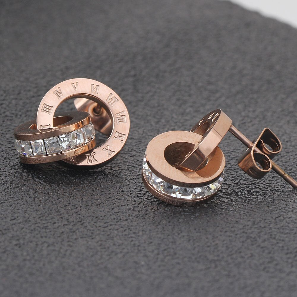 Hot Selling Stainless Steel Jewelry Set Rose Gold Color Roman Earring&Necklace For Women Wedding Accessories